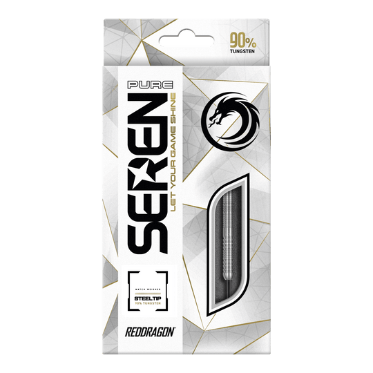 Die Verpackung zeigt das Produkt "Red Dragon Seren 1 Pure Steeldarts". Auf der Vorderseite wird hervorgehoben, dass die Darts aus 90% Tungsten bestehen.