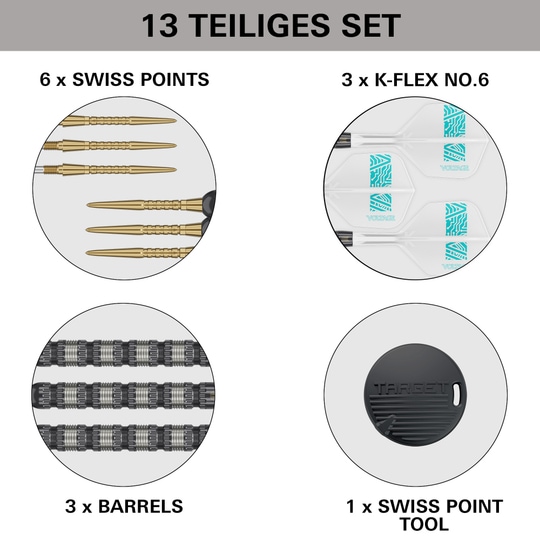 Fléchettes en acier Target Rob Cross 95K Swiss Point Das Bild zeigt das 13-teilige Set der Target Rob Cross 95K Swiss Point Steeldarts. Es enthält 6 Swiss Points, 3 K-Flex No.6 Flights, 3 Barrels und 1 Swiss Point Tool.