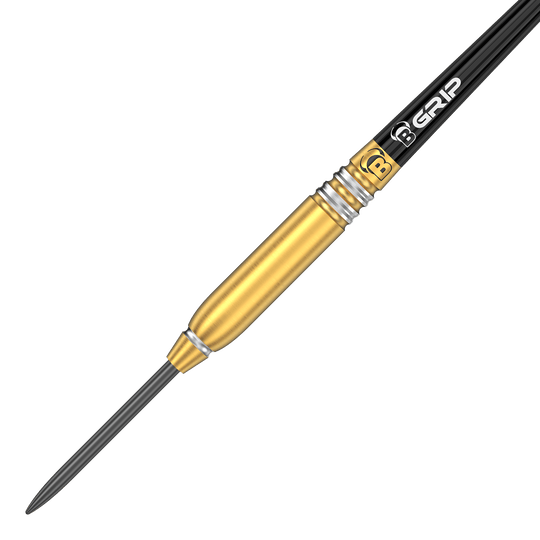 Bulls Patrick Geeraets Steeldarts - 23g Das Bild zeigt einen Bulls Patrick Geeraets Steeldart mit einem Gewicht von 23 Gramm. Der Dart hat einen goldfarbenen Barrel und einen schwarzen Schaft mit der Aufschrift "GRIP".