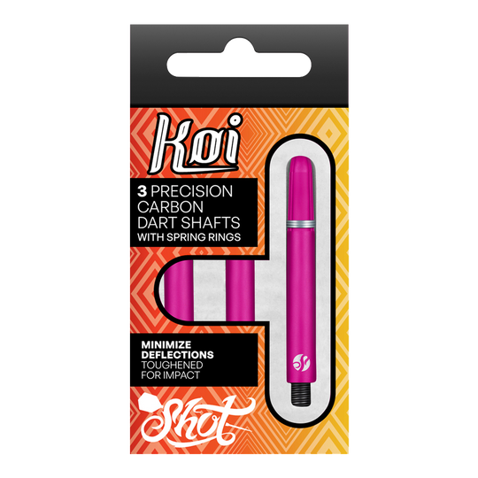 Tiges en carbone Shot Koi - Rose Auf dem Bild ist eine Verpackung mit drei pinkfarbenen Präzisions-Carbon-Dartschäften zu sehen. Die Schäfte sind für minimale Ablenkungen und erhöhte Schlagfestigkeit ausgelegt.