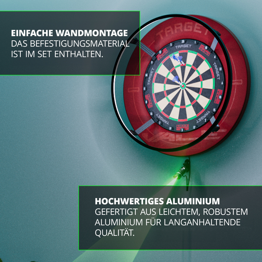 Target MOD Laser Oche Das Bild zeigt eine Dartscheibe mit dem Target MOD Laser Oche an der Wand montiert. Es wird auf die einfache Wandmontage und das hochwertige Aluminium des Produkts hingewiesen.