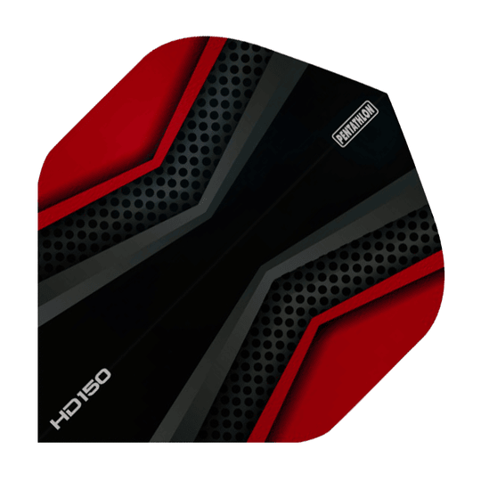 HD2021-Pentathlon-HD150-Black-Red Das Bild zeigt ein HD 150 Pentathlon Flight in Schwarz und Rot. Das Design besteht aus geometrischen Mustern mit roten und schwarzen Flächen sowie kleinen grauen Punkten.