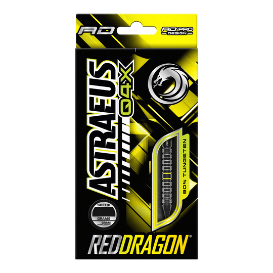 Fléchettes souples parallèles Red Dragon Astraeus Q4X - 20 g Die Verpackung zeigt die Softdarts "Red Dragon Astraeus Q4X Parallel" mit einem Gewicht von 20 Gramm. Das Design ist hauptsächlich in Schwarz und Gelb gehalten und hebt hervor, dass die Darts zu 90% aus Tungsten bestehen.