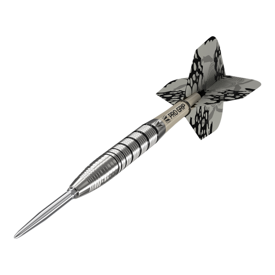 Fléchettes en acier Target EXO SP02 Swiss Point Das Bild zeigt den Target EXO SP02 Swiss Point Steeldart. Der Dart hat ein silbernes Griffstück mit schwarzen Akzenten und eine schwarz-gemusterte Flight.