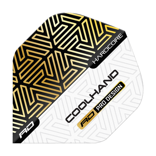 Vols Red Dragon Hardcore Luke Humphries Gold White Premium Standard Das Bild zeigt einen Dartflight mit gold-schwarzem und weißem geometrischen Muster. Auf dem Flight stehen die Worte "HARDCORE", "COOLHAND" und "RD PRO DESIGN".