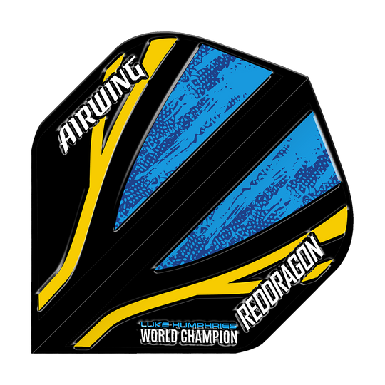 L'escadron aérien Red Dragon, Luke Humphries, champion du monde, vols standard noirs et bleus Das Bild zeigt ein Dart-Flight mit schwarzem, blauem und gelbem Design. Auf dem Flight stehen die Wörter "AIRWING", "REDDRAGON" und "LUKE HUMPHRIES WORLD CHAMPION".