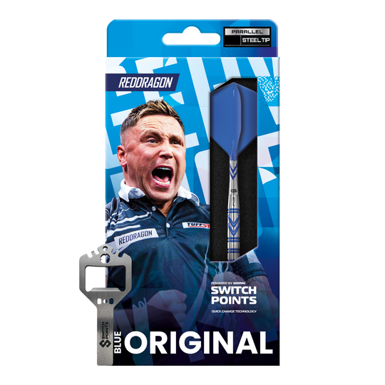 Gezeigt werden hier die Red Dragon Gerwyn Price Blue Original Switch Point Steeldarts. Das Modell bietet eine zuverlässige Handhabung und modernes Design.