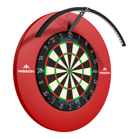 Système d'éclairage LED Mission Torus 120 - Noir Das Foto zeigt das Mission Torus 120 LED Beleuchtungssystem in schwarzer Farbe. Das Produkt ist für eine gleichmäßige Ausleuchtung des Dartboards konzipiert.