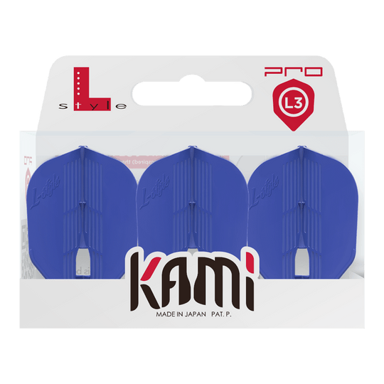 Vols KAMI L3PRO de style L Das Bild zeigt eine Verpackung mit drei blauen Dart-Flights der Marke L-Style. Auf der Verpackung steht "kami" und "Made in Japan".