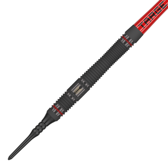 Target Scope 11 fléchettes souples Das Bild zeigt einen Target Scope 11 Softdart. Der Dartpfeil ist überwiegend schwarz mit roten Akzenten und einer geriffelten Oberfläche für besseren Halt.