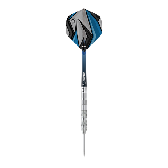 Fléchettes en acier Bulls Stone S2 Das Bild zeigt einen Bulls Stone S2 Steeldart mit silbernem Schaft und spitzer Metallspitze. Die Flights sind in Blau, Schwarz und Grau mit einem modernen, geometrischen Muster gestaltet.