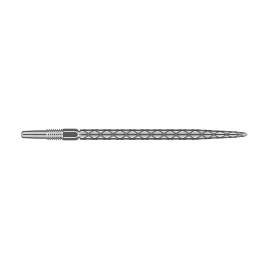 Pointes de fléchettes Target Swiss Diamond Pro Silver Points Das Bild zeigt eine silberne Dartspitze mit einem rautenförmigen Muster auf der Oberfläche. Sie ist lang und schmal gestaltet und besitzt ein Schraubgewinde am hinteren Ende.