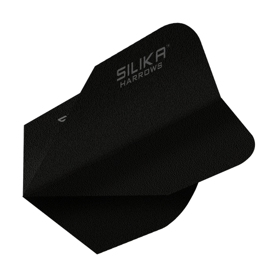 Harrows Silice Solide Revêtement Cristallin Résistant Noir No6 Flight Das Bild zeigt ein schwarzes Dartflight mit der Aufschrift "SILIKA HARROWS". Es handelt sich um das Modell "Harrows Silika Solid Tough Crystalline Coating Black No6 Flight".