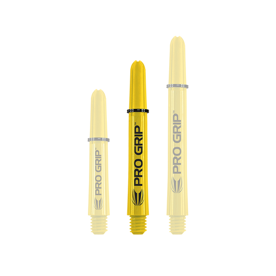 Tiges Target Pro Grip - 3 jeux - Jaune Auf dem Bild sind drei gelbe Dart-Schäfte der Marke "Pro Grip" in verschiedenen Längen zu sehen. Sie stehen aufrecht nebeneinander vor weißem Hintergrund.
