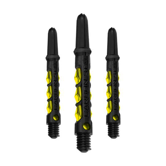 HR420_Harrows_Carbon_ST_Shafts_Gelb_40mm_1q7Ps4EtyYGU3s Das Bild zeigt drei Harrows Carbon ST Shafts in Gelb. Die Dartschäfte sind schwarz mit gelben Akzenten und haben eine auffällige, strukturierte Oberfläche.