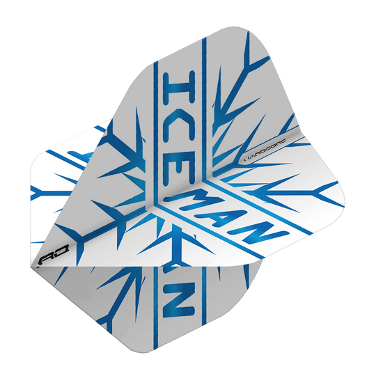 TF6421_RedDragon_Hardcore_Gerwyn_Price_Iceman_Standard_Flights_2 Das Bild zeigt einen weißen Dartflight mit blauen Eiszapfen und dem Schriftzug "ICEMAN". Es handelt sich um das Modell "Red Dragon Hardcore Gerwyn Price Iceman Standard Flights".