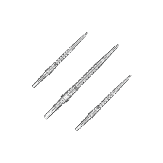 Mehrere silberne Dartspitzen bilden ein Set. Sie sind gerade nebeneinander platziert.