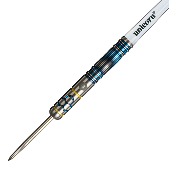 Fléchettes en acier Unicorn Hexium Style 02 bleues et dorées Hier sind die Unicorn Hexium Style 02 Blue & Gold Steeldarts zu sehen. Das Produkt überzeugt durch sein modernes Design.