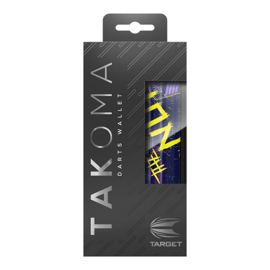 Étui à fléchettes Target Takoma Luke Littler Die Abbildung zeigt die Verpackung des "Target Takoma Luke Littler Dartcase". Die Schachtel ist überwiegend schwarz mit silberner Schrift und einem Sichtfenster, das einen Teil des Dartcase-Designs zeigt.