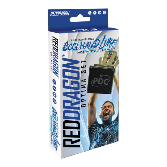 Pack d'accessoires Red Dragon Luke Humphries Optima Die Verpackung zeigt das Produkt "Red Dragon Luke Humphries Optima Zubehör Pack". Auf der Vorderseite ist ein jubelnder Luke Humphries und ein Pokal abgebildet.