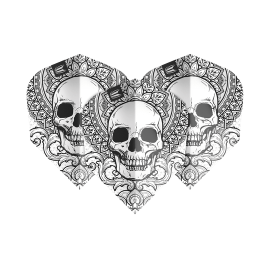 Das Bild zeigt drei Dart Flights des Modells "Target ProUltra Ink Grey No6". Sie sind mit einem detaillierten Totenkopf-Muster und ornamentalen Verzierungen in Schwarz-Weiß gestaltet.