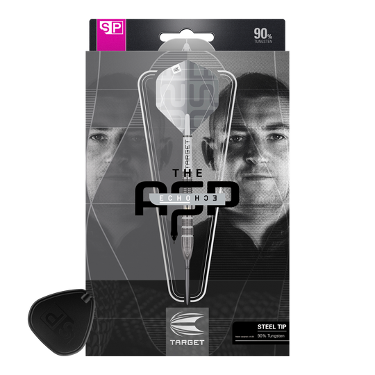 Fléchettes en acier Target Nathan Aspinall X Echo Swiss Point Die Verpackung zeigt die Target Nathan Aspinall X Echo Swiss Point Steeldarts. Auf der Vorderseite sind ein Dartpfeil und das Porträt eines Mannes zu sehen.