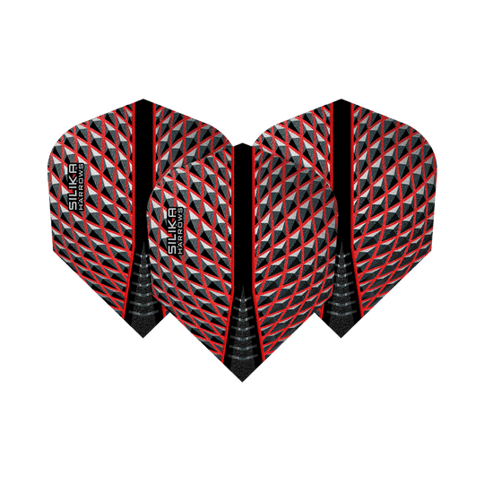 HR80_Harrows_Silika_Red_No6_Flights_15UyhR3HlXt4ok Das Bild zeigt die Harrows Silika Red No6 Flights. Sie haben ein auffälliges Muster in Rot, Schwarz und Silber.