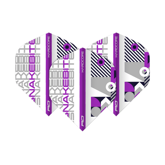 Das Bild zeigt drei Dartflights des Modells "Red Dragon Hardcore Snakebite White Purple Standard". Die Flights sind weiß mit lila und grauen Akzenten sowie auffälligem, modernem Design.