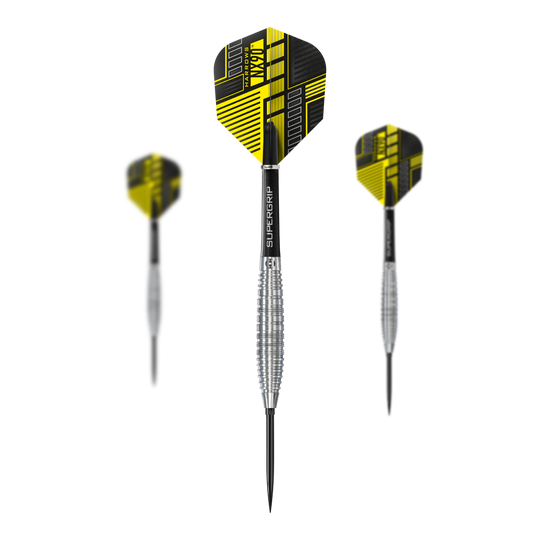 Fléchettes en acier Harrows NX90 Bomb Quick Point Das Bild zeigt das Set Harrows NX90 Bomb Quick Point Steeldarts. Es handelt sich um spezielle Steeldarts für das Präzisionsspiel.