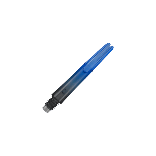 Tige en L verrouillée droite Natural9 bicolore - Bleu Auf dem Bild ist ein blauer, transparenter Dart-Schaft zu sehen. Der Schaft hat ein gerades Design und ein schwarzes Gewinde am unteren Ende.