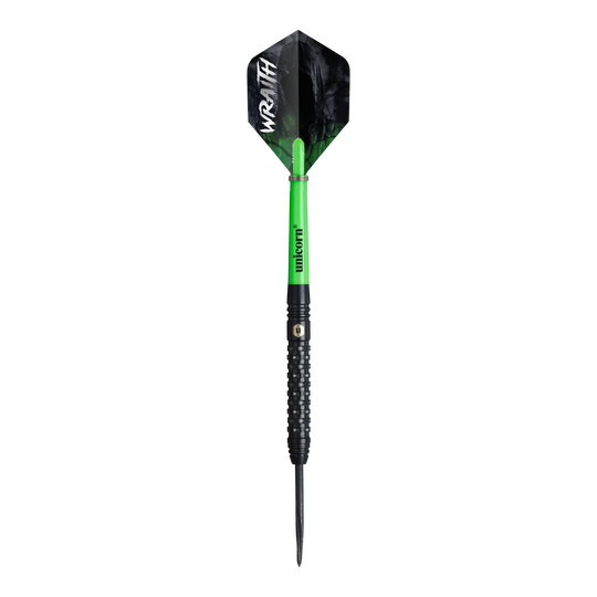 Fléchettes en acier Unicorn Wraith Das Bild zeigt einen Steeldart namens "Unicorn Wraith". Der Dart hat einen grünen Schaft, einen schwarzen Griff und eine schwarze Flight mit der weißen Aufschrift „WRAITH“.