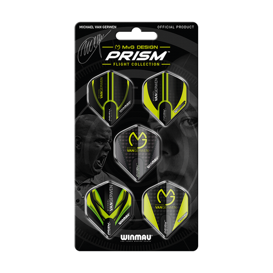 8122_Winmau_MvG_Prism_Flight_Collection_1 Winmau MvG Prism Flight Collection ist eine Auswahl an Dartflights. Die Flights sind farbig und fächerförmig angeordnet.