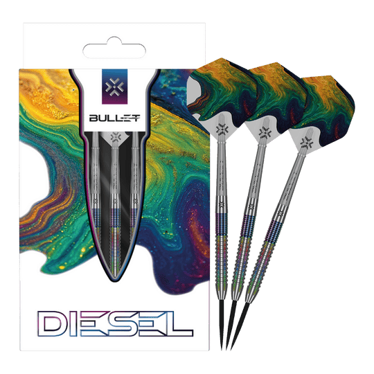 Dies ist ein Bild der Bullet Diesel V2 Steel Darts. Die Darts sind für den Einsatz beim Steeldart geeignet.