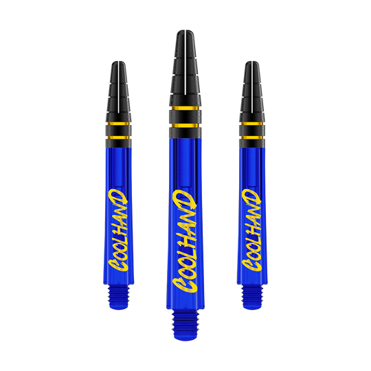 Tiges Red Dragon Nitrotech Luke Humphries Coolhand - Bleues Das Bild zeigt drei blaue Dartschäfte mit der gelben Aufschrift "COOLHAND". Die Schäfte haben schwarze und goldene Ringe am oberen Ende.