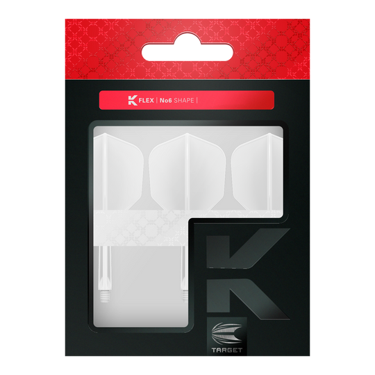 Système de vol Target K-Flex n° 6 - Blanc Das Bild zeigt eine Verpackung mit drei weißen Dartflights im No6-Format der Marke Target. Die Verpackung ist überwiegend schwarz mit einem roten oberen Bereich und einem Sichtfenster für die Flights.