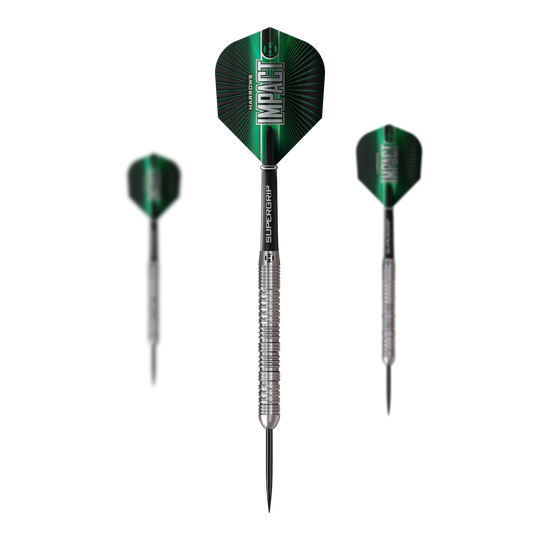 Dieses Bild präsentiert ein Set Harrows Impact Steeldarts. Das Set umfasst mehrere Darts für Steeldartspiele.