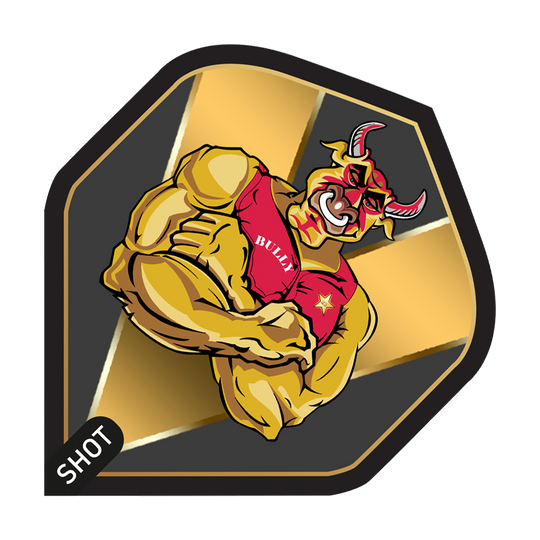 Shot de Michael Smith Bully Boy Gold Standard Flights Das Bild zeigt ein Dartflight-Design mit einem muskulösen Stier im roten Trikot, auf dem "BULLY" steht. Im Hintergrund sind goldene und schwarze Farbakzente sowie das Logo "SHOT" zu sehen.