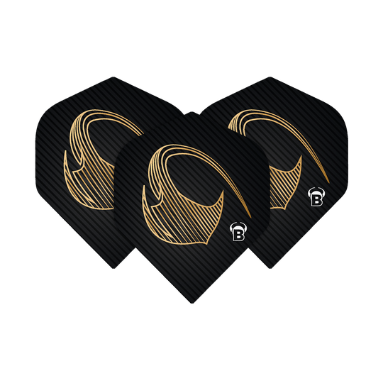 Vols standards Bulls Metrixx Stingray n°2 Das Bild zeigt drei schwarze Dart-Flights mit einem goldenen Muster und dem Buchstaben "B" in der Ecke. Es handelt sich um die Bulls Metrixx Stingray No2 Standard Flights.