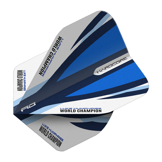 Vols Standard Bleu Blanc Red Dragon Hardcore Luke Humphries Das Bild zeigt die Red Dragon Hardcore Luke Humphries Blue White Standard Flights. Die Dartflights haben ein blau-weißes Design und den Aufdruck "Luke Humphries World Champion".