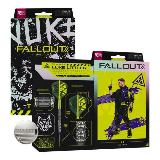 Das Bild zeigt die Target Luke Littler Nuke Fallout Swiss Points Steeldarts. Die Darts haben ein modernes Design und sind für präzises Spiel entwickelt.