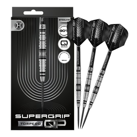 Fléchettes en acier Harrows Supergrip Torpedo Quick Point Abgebildet sind Harrows Supergrip Torpedo Quick Point Steeldarts. Die Steeldarts sind vollständig dargestellt.