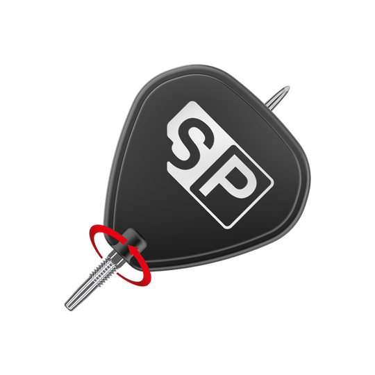 Pointes de fléchettes Target Swiss Point GRD Silver Das Bild zeigt eine silberne Dartspitze der Marke "Target Swiss Point GRD". Die Spitze ist an einem schwarzen Flightschutz mit den Buchstaben "SP" befestigt.