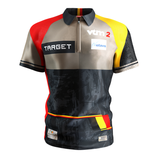 Chemise de fléchettes Target Coolplay Dimitri Van Den Bergh 2025 Das Bild zeigt das "Target Coolplay Dimitri Van Den Bergh 2025 Dartshirt". Das Shirt ist bunt gestaltet mit den Farben Schwarz, Rot, Gelb und Beige und trägt mehrere Sponsorenlogos.