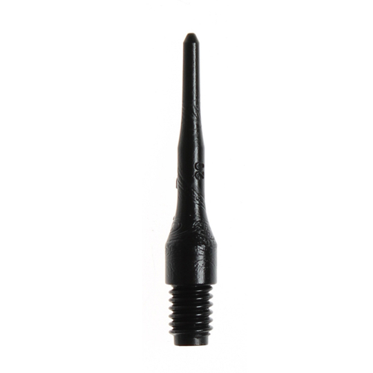Evo-Long-Spitze-Schwarz5b44a1dc5714b Das Bild zeigt eine einzelne schwarze Dartspitze mit Gewinde. Es handelt sich um das Produkt "Evolution LONG-Spitzen (100er Pack)".