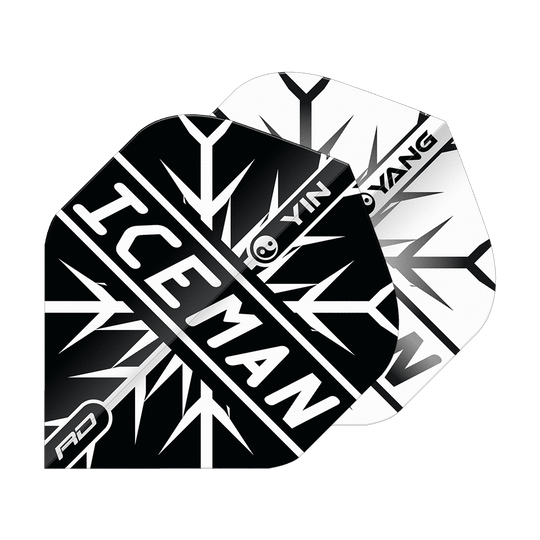Vols Standard Dragon Rouge Gerwyn Price Iceman Noir Blanc Yin Yang Das Bild zeigt zwei Dart-Flights in Schwarz und Weiß mit einem Yin-Yang-Design. Auf dem vorderen Flight steht in großen Buchstaben „ICEMAN“.