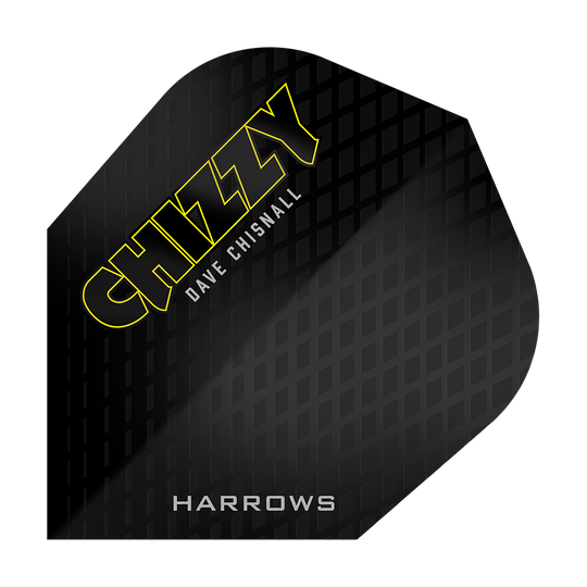 Les vols de la série 3 de Dave Chisnall Chizzy de Harrow Das Bild zeigt ein schwarzes Dartflight mit einem Muster und der Aufschrift "CHIZZY DAVE CHISNALL" in gelben und weißen Buchstaben. Unten steht außerdem das Wort "HARROWS".