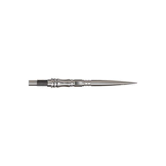 Apex Axis Silver Elite Serie Dartspitzen in 30mm werden gezeigt. Sie sind silberfarben und lang.