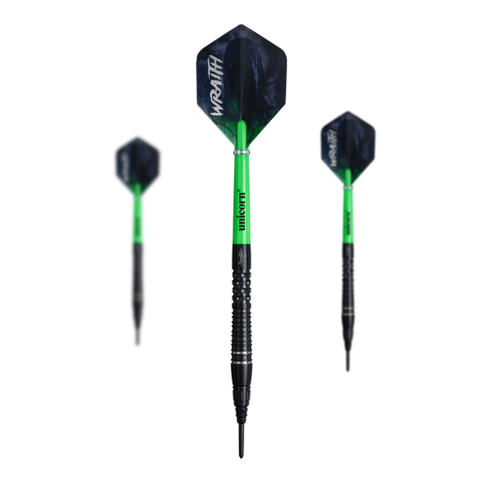 Fléchettes souples Unicorn Wraith Gary Anderson Phase 6 - 20 g Das Bild zeigt ein Set der Unicorn Wraith Gary Anderson Phase 6 Softdarts mit 20g Gewicht. Das Set ist vollständig abgebildet.