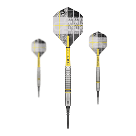 Fléchettes souples Target Scott Williams GEN2 - 18 g Das Bild zeigt drei Softdarts des Modells "Target Scott Williams GEN2" mit einem Gewicht von 18g. Die Darts haben gelb-silberne Schächte und moderne Flights mit einem schwarz-weißen Muster.