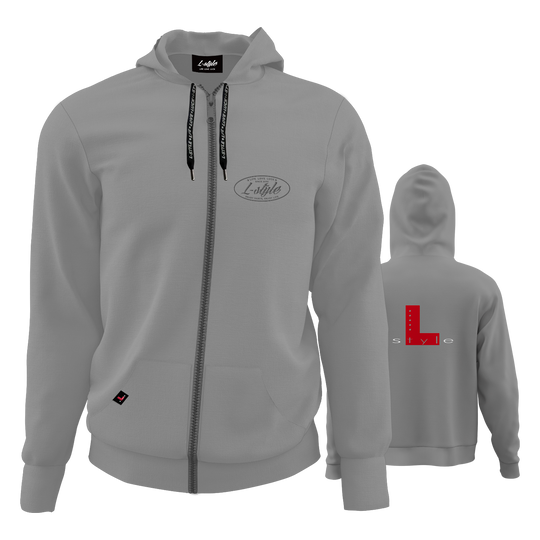 Sweat à capuche style L - Gris Der "L-Style Hoodie - Grau" ist ein grauer Kapuzenpullover mit Reißverschluss und schwarzem Kordelzug. Auf der Vorderseite befindet sich ein dezentes Logo, auf dem Rücken ein großes rotes "L" mit dem Schriftzug "style".